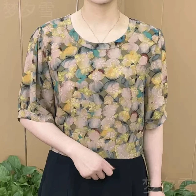 夏季新款时尚圆领印花小衫大码洋气中年妈妈短袖T恤宽松显瘦上衣