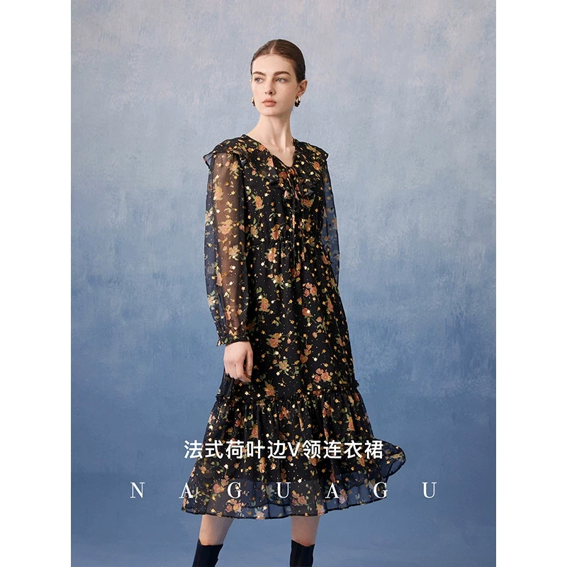 【秘境花笺】轻薄飘逸肌理面料 烫金工艺印花连衣裙气质通勤裙子