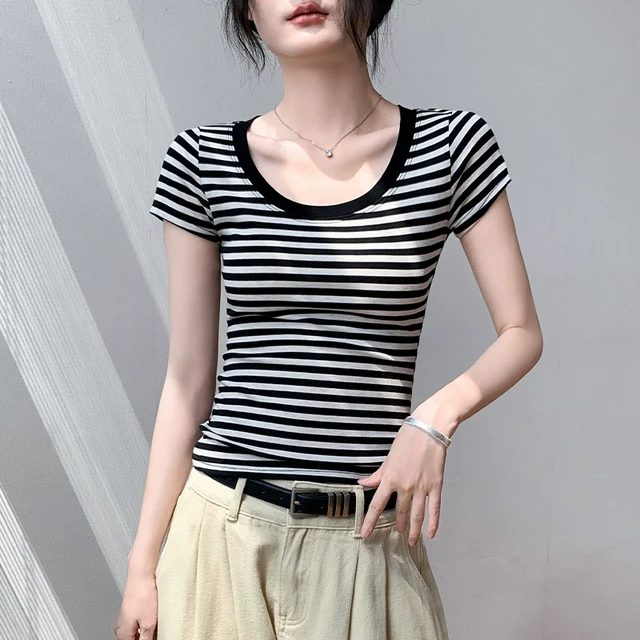 圆领条纹正肩短袖t恤2025夏新款莱赛尔修身凉感高级小众女装