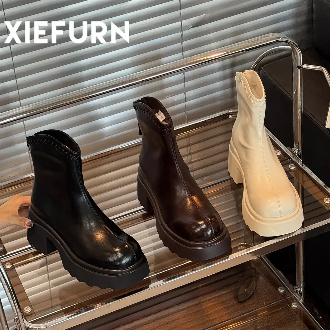XIEFURN/鞋夫人粗跟短筒弹力瘦瘦靴2025秋冬季韩系百搭高跟短靴