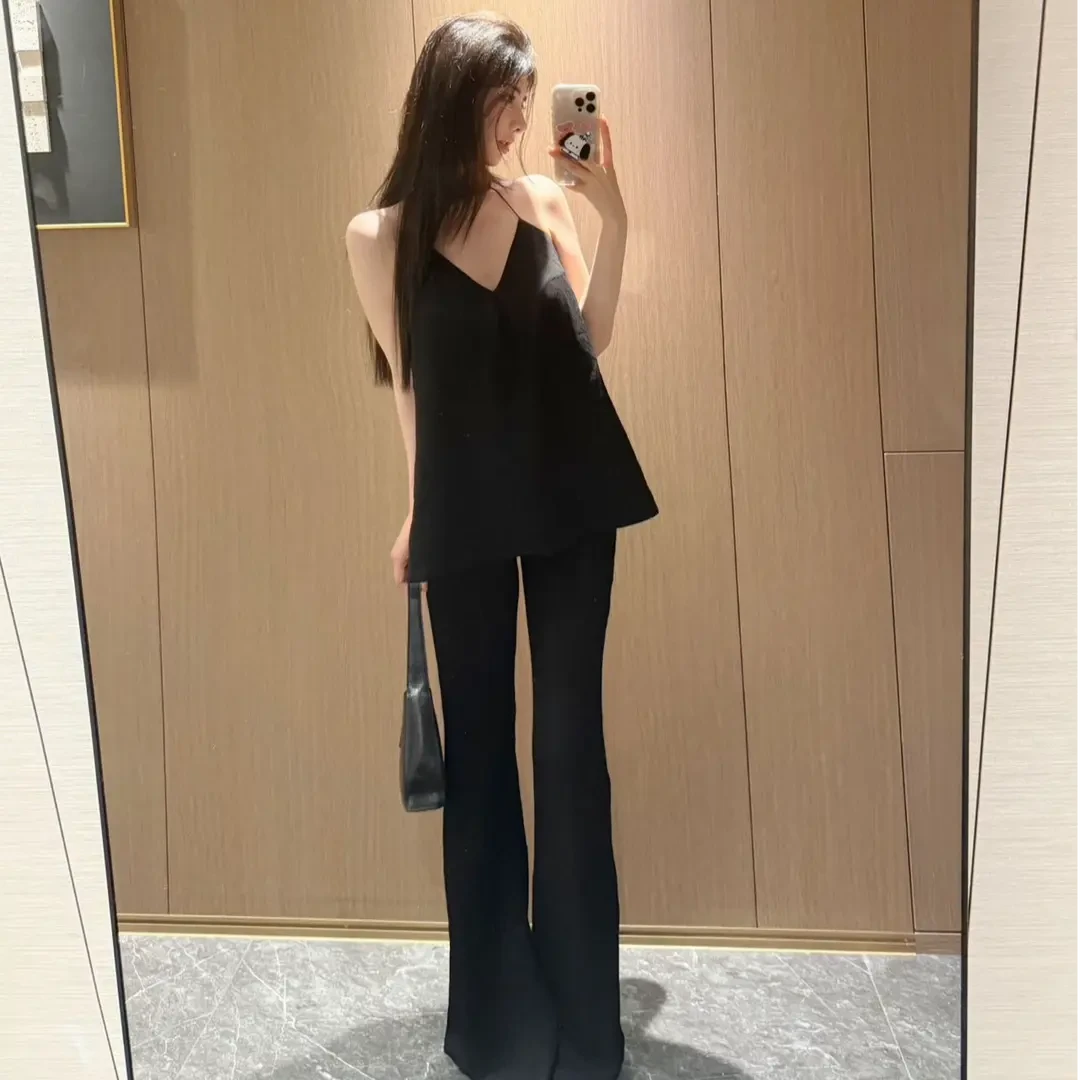 韩版法式穿搭套装甜辣A字露背挂脖上衣+休闲高腰显瘦微喇裤两件套