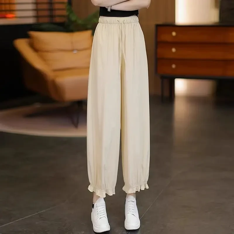 冰丝花边灯笼裤女夏季2025新款高腰宽松设计感裤子垂感防晒花苞裤