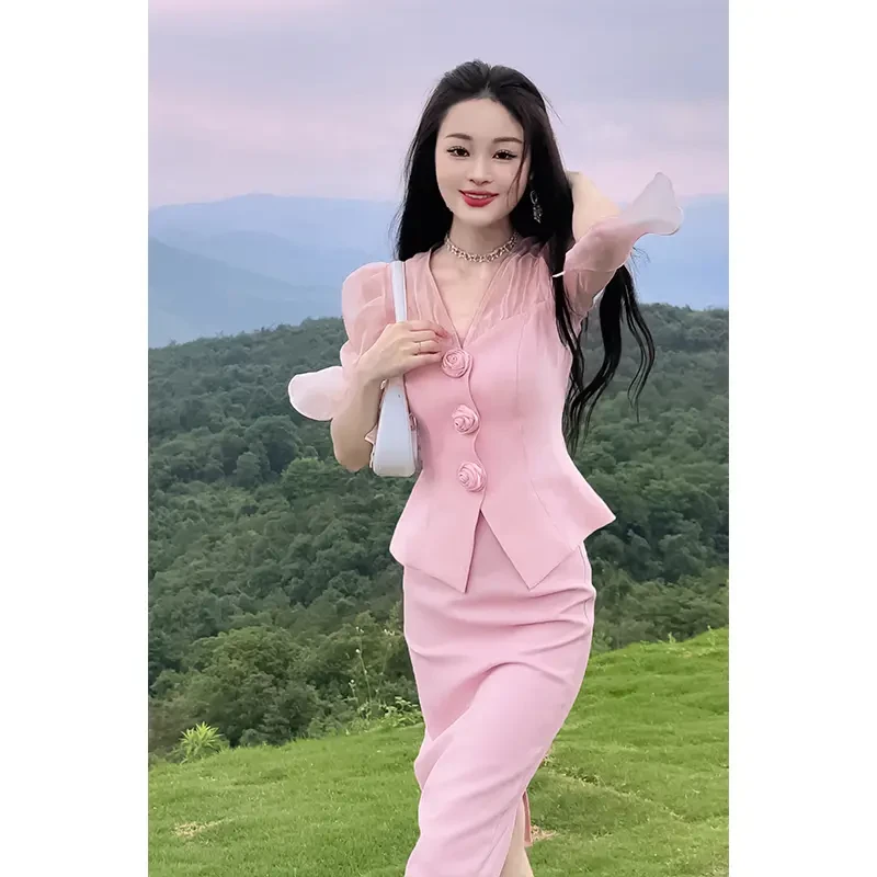 春夏新品立体花小众设计感套装显瘦包臀裙两件套