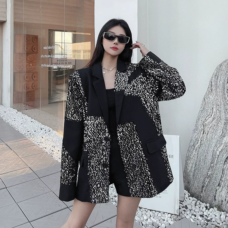现货现货~ 高级感亮片拼接西装女2025春季新款设计感小众西服上衣
