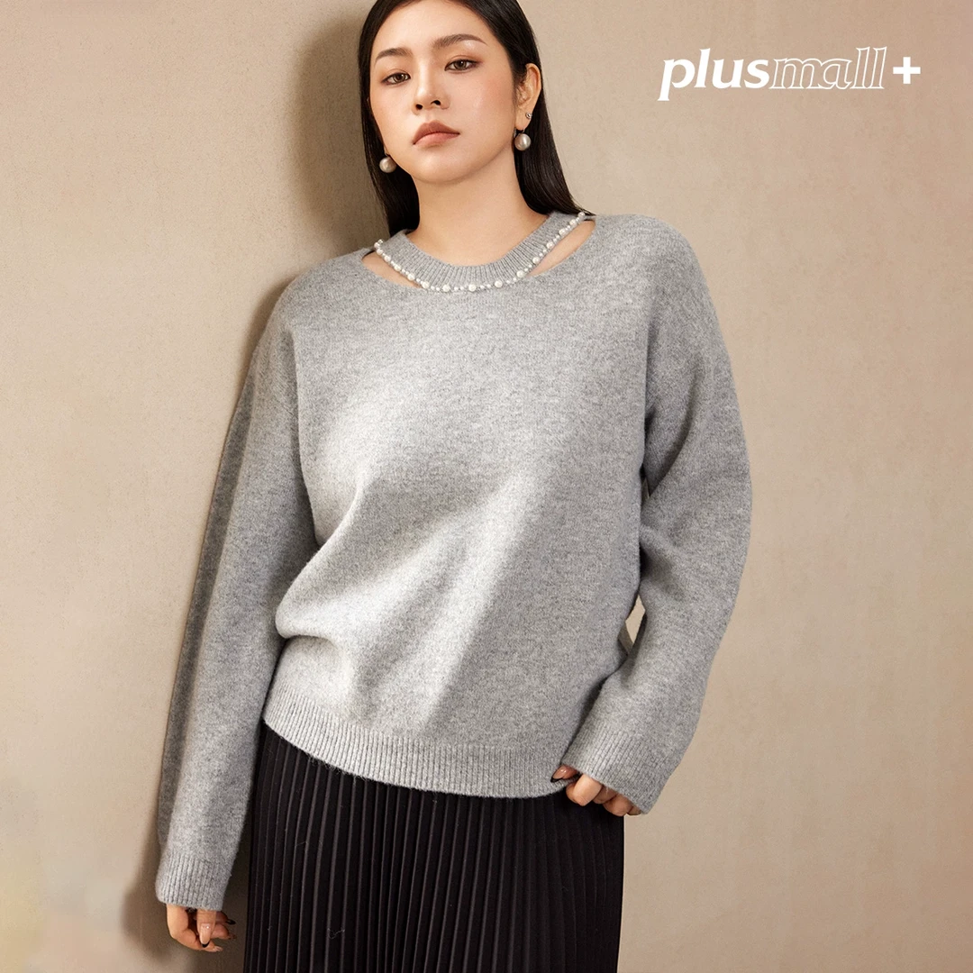 PLUSMALL 珍珠恋人 羊毛混纺圆领优雅珍珠时髦毛衫PAC2412025