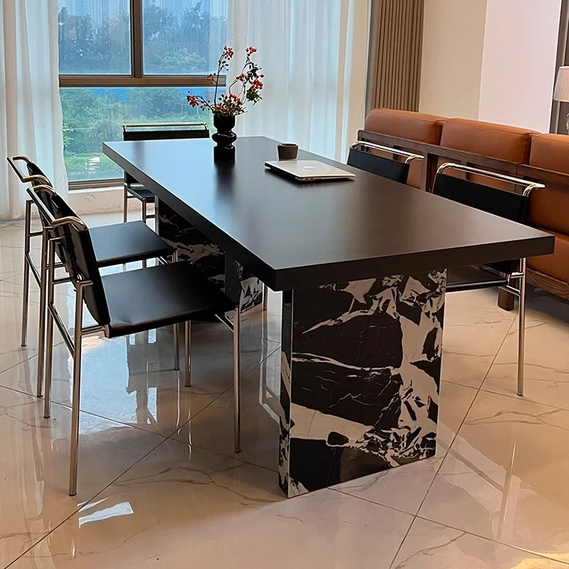 意式简约复古包豪斯风岩板餐桌椅组合大户型岛台茶桌长方形设计师