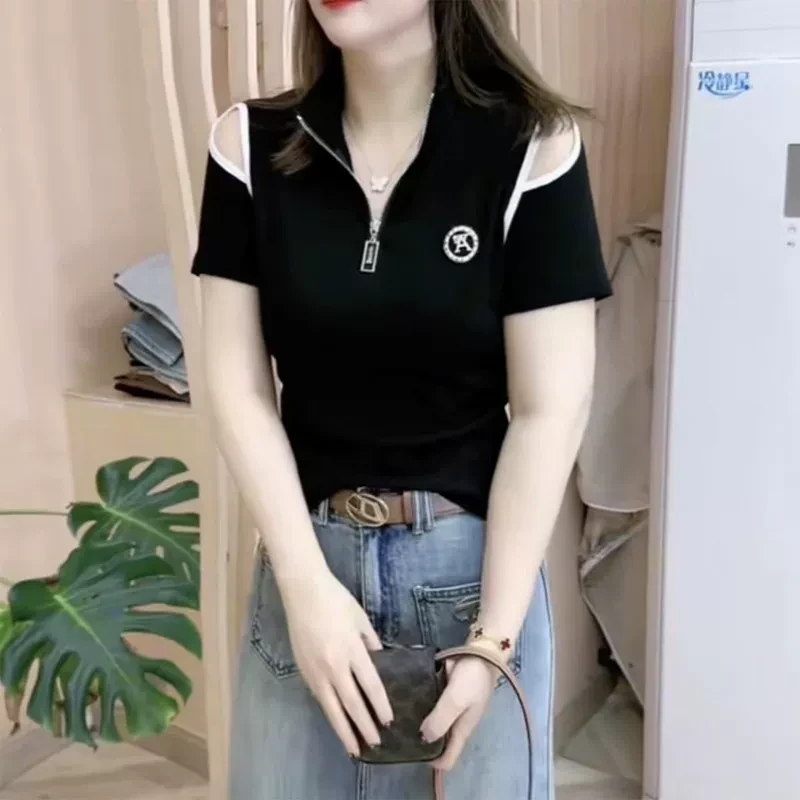 2024夏季新品时尚打底衫修身显瘦露肩翻领休闲纯棉T恤短袖女上衣