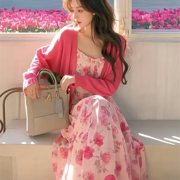 2025春季新款小香风碎花裙女法式甜美温柔风开衫吊带连衣裙两件套