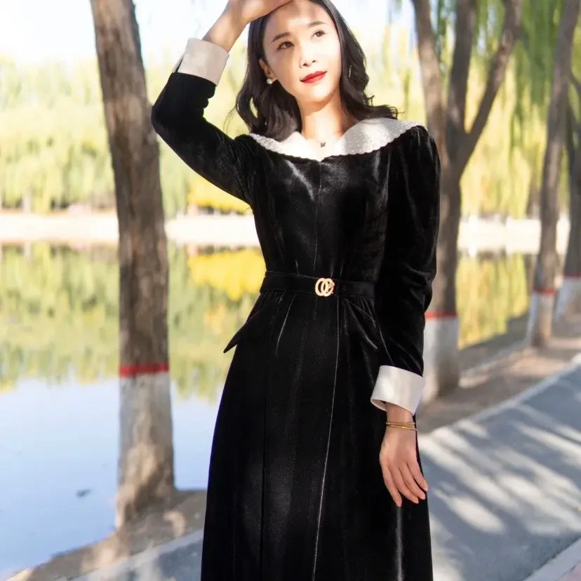 【多多】【多多】朵家优雅黑色法式宫廷风珍珠领质感丝绒连衣裙D2522