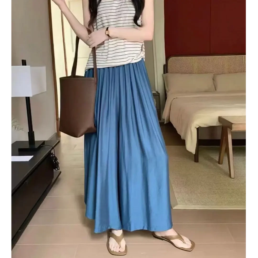 十三行欧货韩版新款时尚韩版宽松显瘦莱因蓝高腰大阔腿慵懒裤