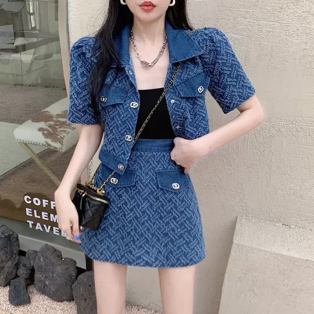 港风时尚牛仔套装夏季女装2025新款高级感牛仔衬衫半身短裙两件套