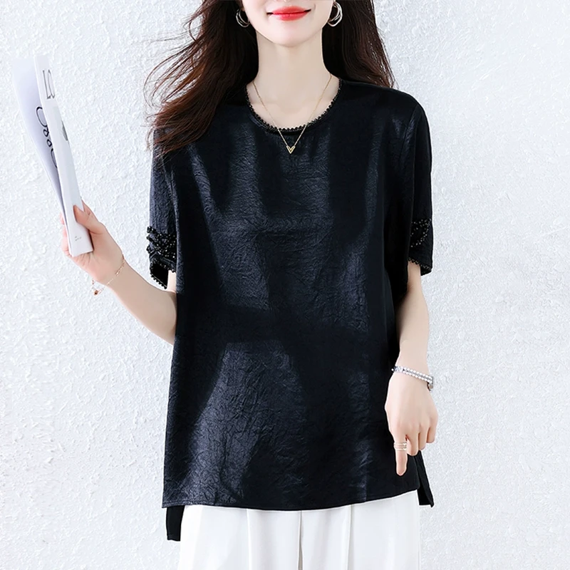 黑色提花短袖t恤女2025夏季新款宽松时尚遮肚肌理感大码缎面上衣