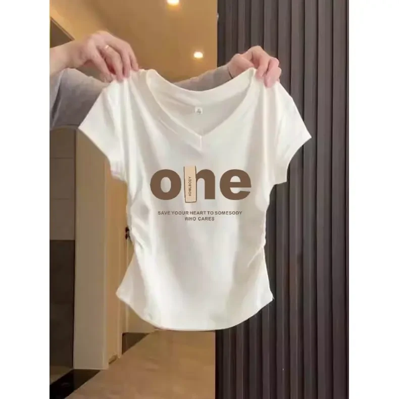 小众正肩V领收腰短袖t恤女装2025新款修身显瘦白色上衣体恤夏季潮