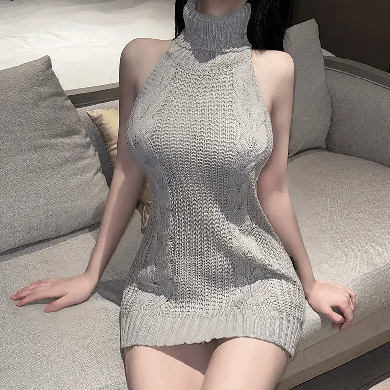 毛衣镂空短款高领针织短裙性感内衣修身时尚百搭显瘦可外穿睡衣