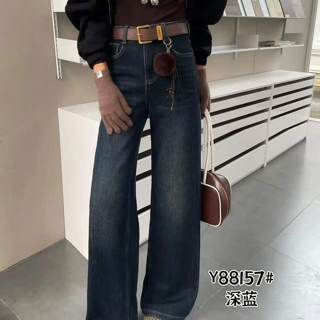 复古蓝加绒高腰显瘦加厚保暖窄版阔腿牛仔裤女秋冬季直筒拖地长裤