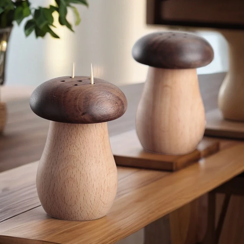 实木牙签筒可爱蘑菇胡桃木质牙签盒家用创意新中式原木牙签罐餐厅