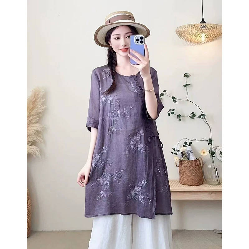 复古苎麻内里包边前片刺绣连衣裙女文艺大码新中式国风中裙
