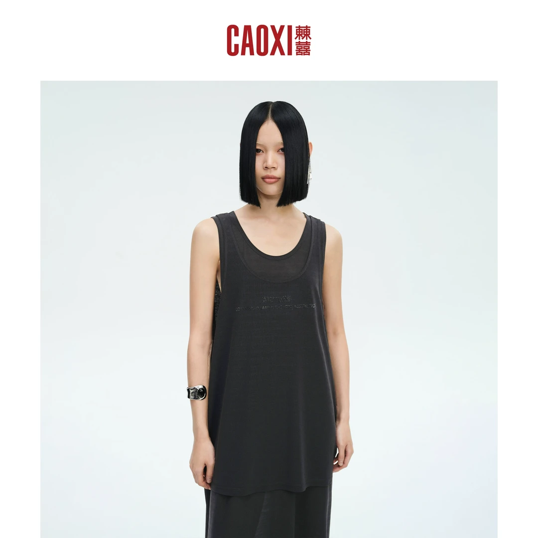 CAOXI㯥囍 黑色轻薄透气无袖背心连衣裙女夏显瘦假两件吊带中长裙