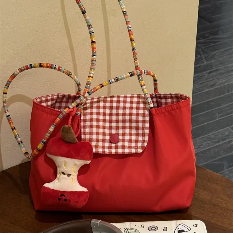 复古撞色红色帆布包包女慵懒风上课通勤单肩托特包简约便捷手提包