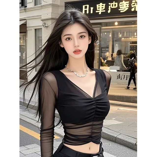 黑色V领长袖网纱短款上衣女春季名媛千金高级感轻奢性感纯欲风T恤