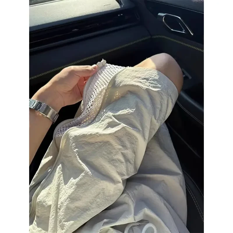 灰色冰丝速干短裤男款夏季薄款侧拉链网孔透气运动裤子宽松五分裤