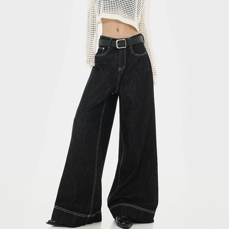 KEN STUDIO秋冬新款美式复古黑色明线设计牛仔裤直筒高个阔腿裤女