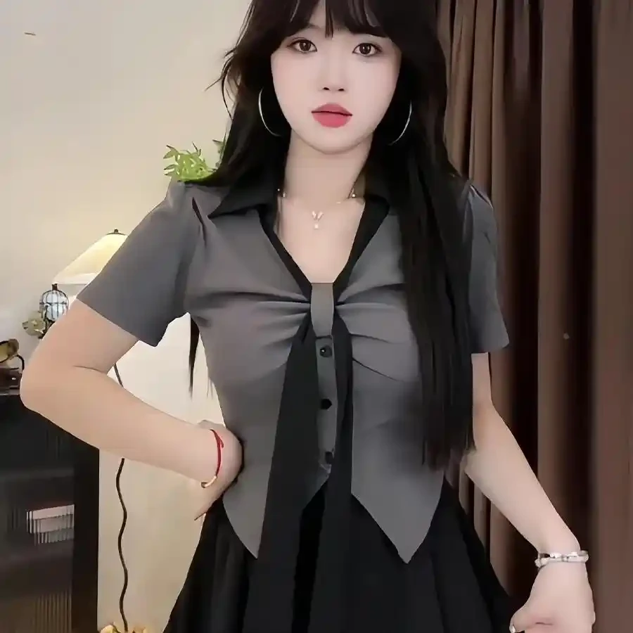 大码女装纯欲甜辣风上衣 短裙套装微胖显瘦短袖显气质学院风恤