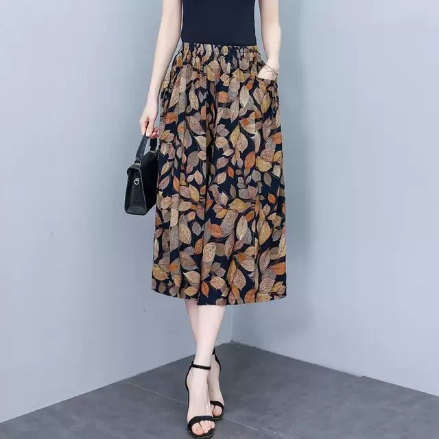 阔腿裤女2025夏季新款纯棉绸裤子大码宽松裙裤松紧高腰薄款七分裤