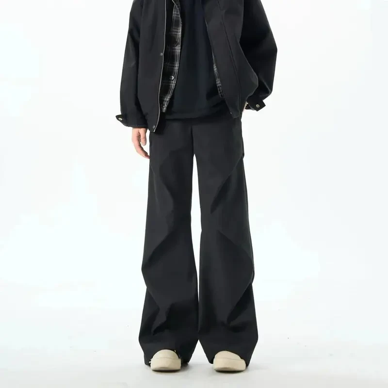 黑色褶皱微喇西裤男款春秋美式高街vibe小众设计感宽松阔腿西装裤