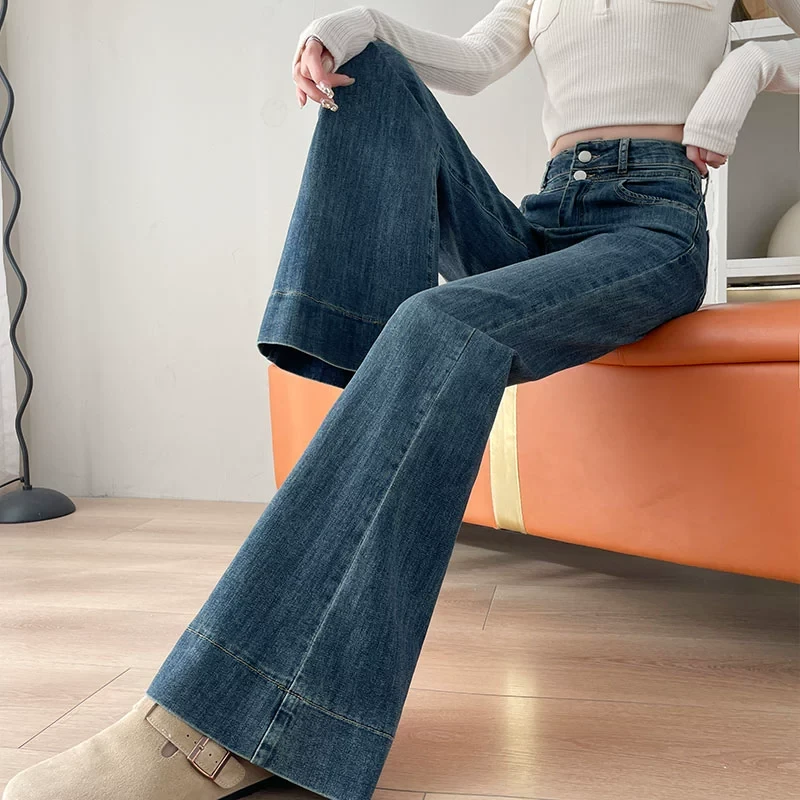 复古蓝阔腿牛仔裤女春秋2025新款高腰修身显瘦宽松女士拖地喇叭裤