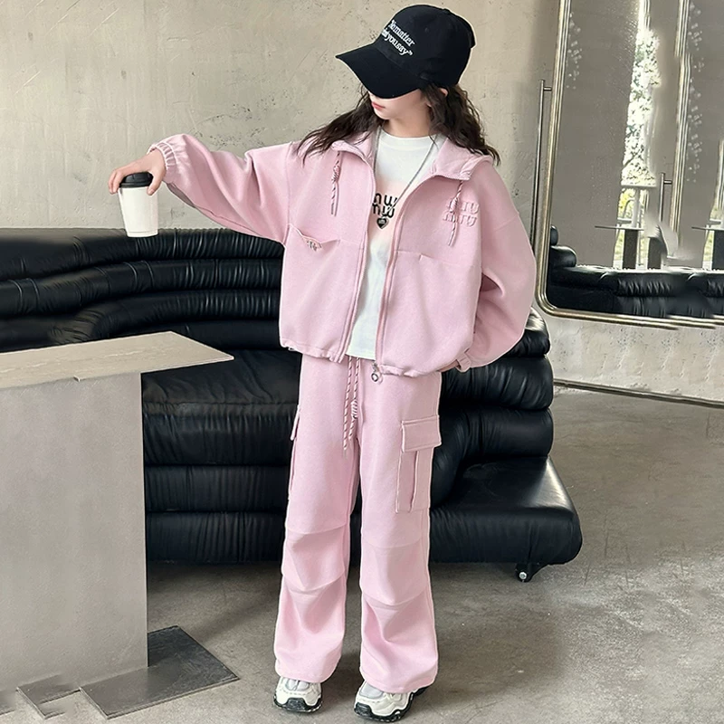 女童洋气春装运动套装春季新款中大童女孩休闲工装裤裤子三件套潮