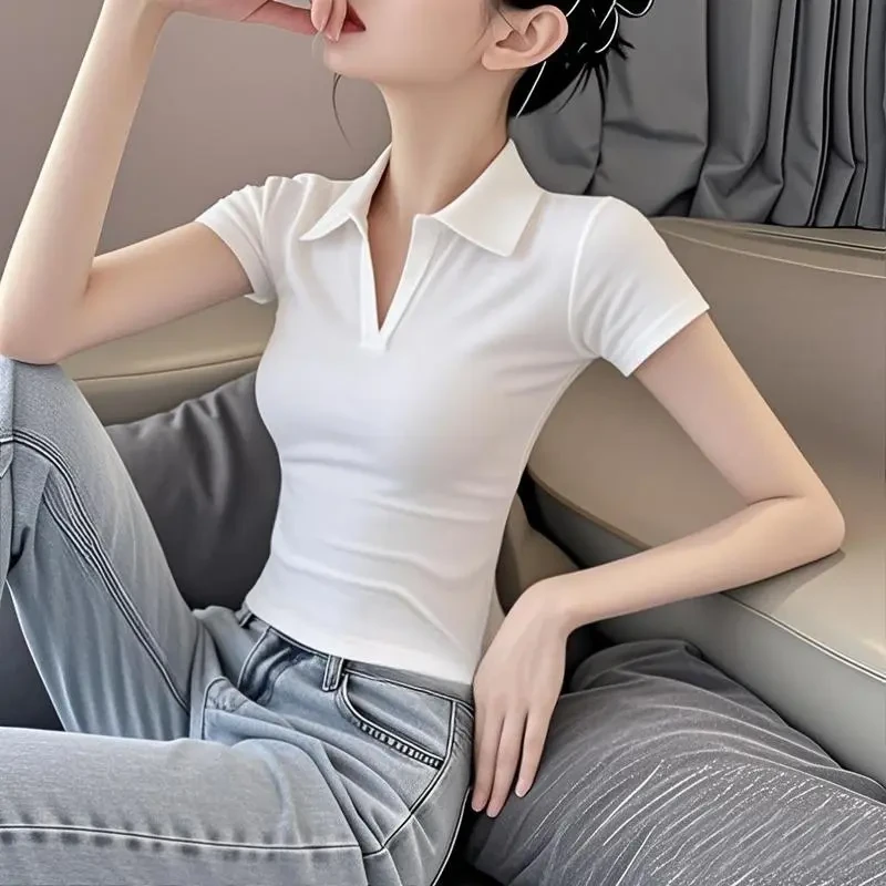 2026新款夏季polo领黑色修身百搭设计感小众正肩短袖T恤女上衣潮