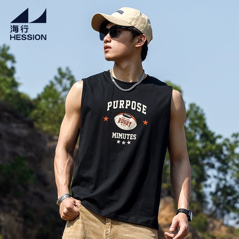 海行黑色户外印花宽肩无袖T恤男2025年夏季美式健身运动透气背心