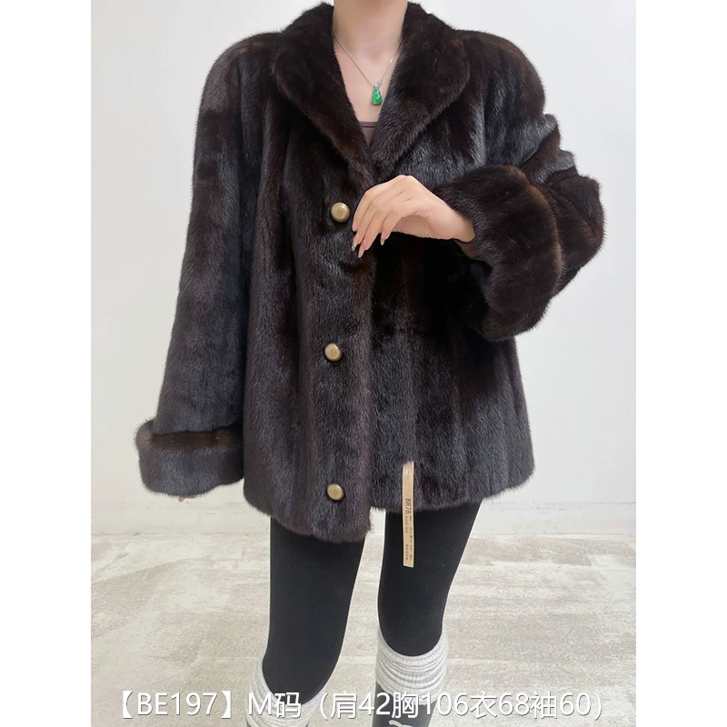 【BE197】M码 中古棕全抽短款貂皮大衣皮草外套 案例挽袖