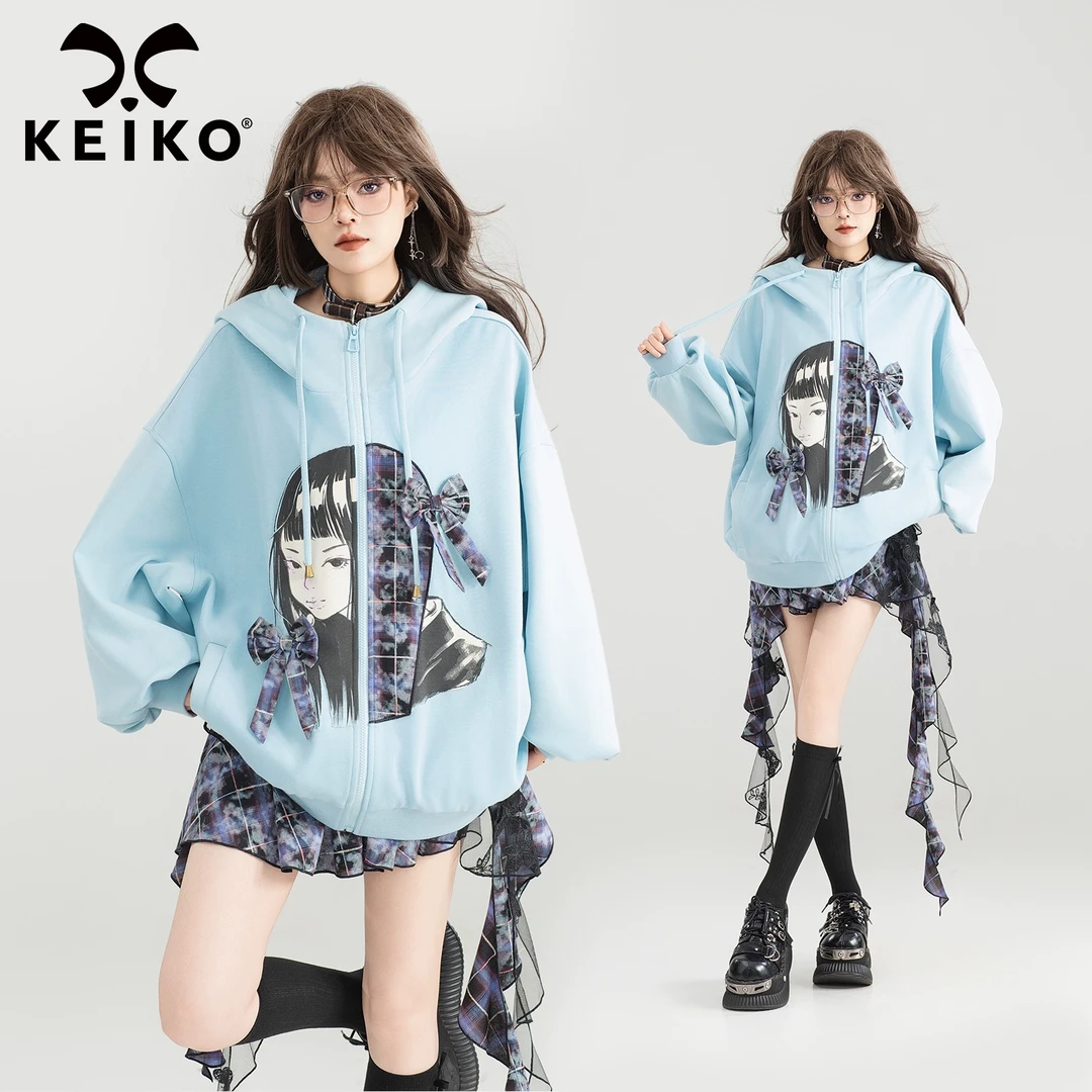 KEIKO 日系印花蓝色拉链外套25秋季蝴蝶结扎花休闲连帽卫衣开衫