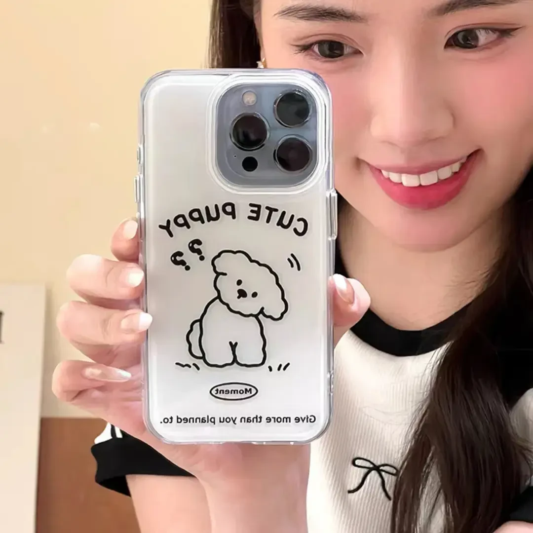 新款潮牌线条小狗大孔白底IMD情侣小众全包手机壳ins透明可爱简约