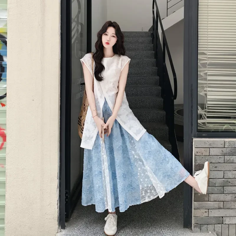 蕾丝提花开叉上衣半身裙套装女2025夏季新款优雅气质温柔风两件套