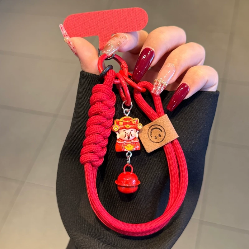 新款红可爱手机挂绳短款财神爷挂手腕夹片式编织手提防丢手机链