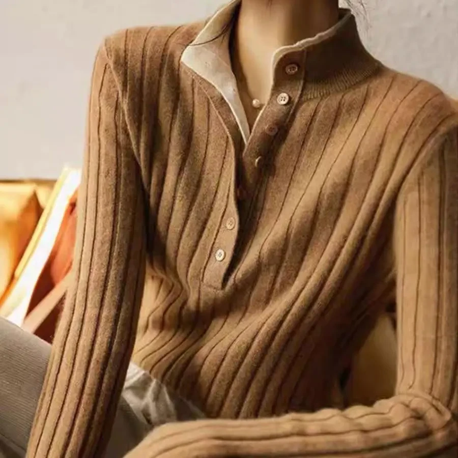 100%纯羊毛衫假两件立领双层女士针织毛衣打底宽松高级羊毛羊绒衫