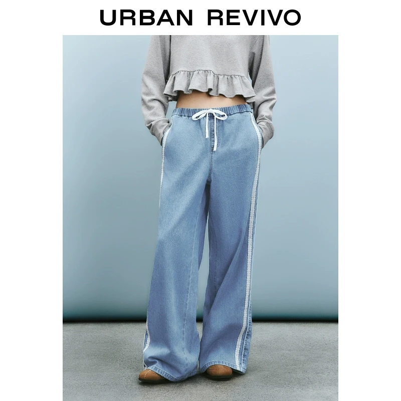 UR2025秋季新款女装拼接蕾丝松紧腰抽绳牛仔长裤UYY850033