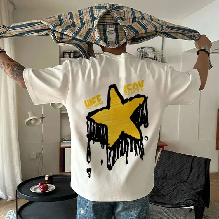 纯棉美式复古重磅短袖t恤男士休闲夏季百搭宽松潮流半袖印花衣服