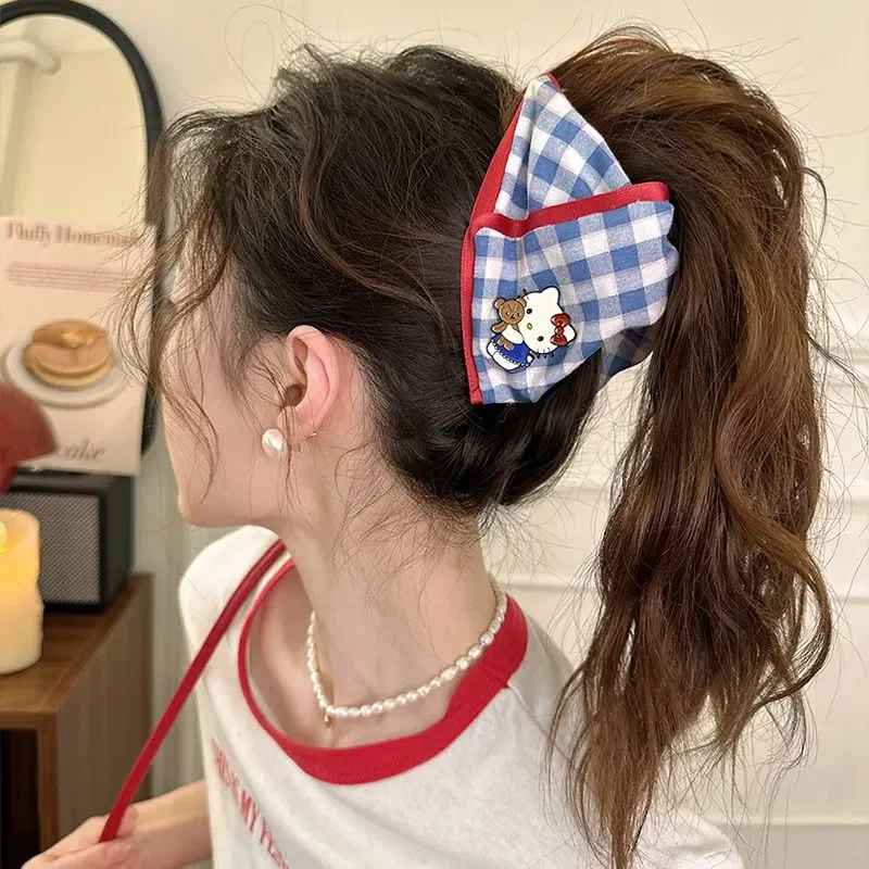 韩版蓝白格子抓夹女甜美可爱ins风后脑勺鲨鱼夹气质盘发夹子头饰