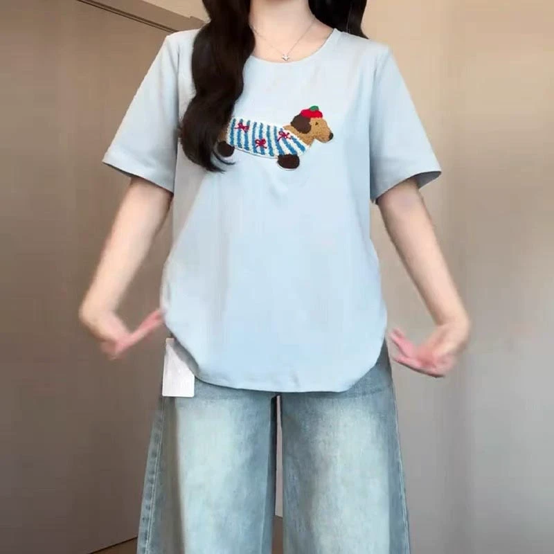 【8710】大码女装胖mm立体小狗刺绣短袖t恤夏季宽松遮肉上衣