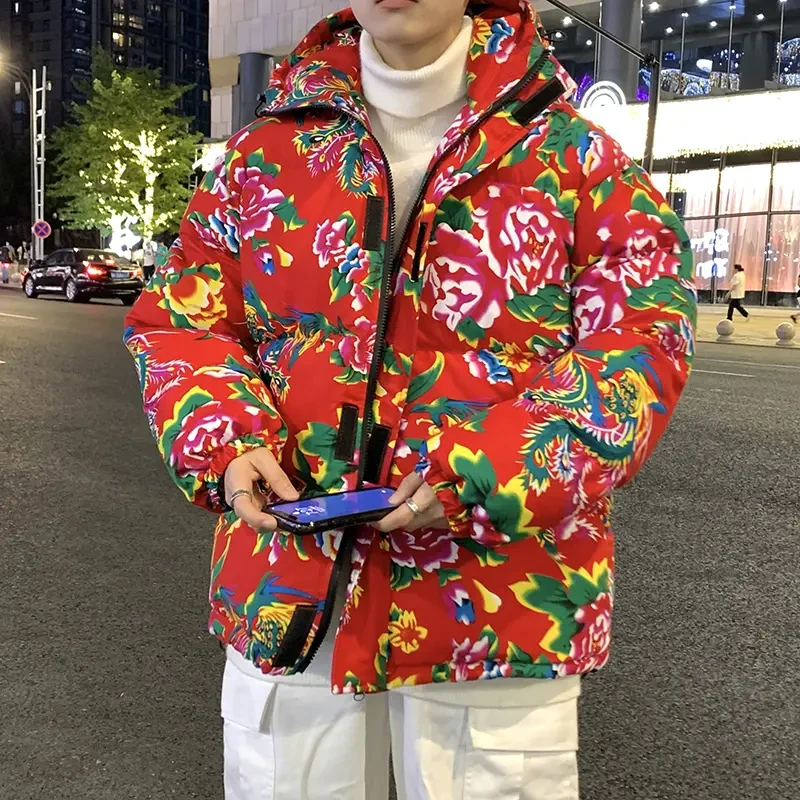 东北大花棉袄子网红男女国潮中国风牡丹花加厚连帽棉服冬保暖外套