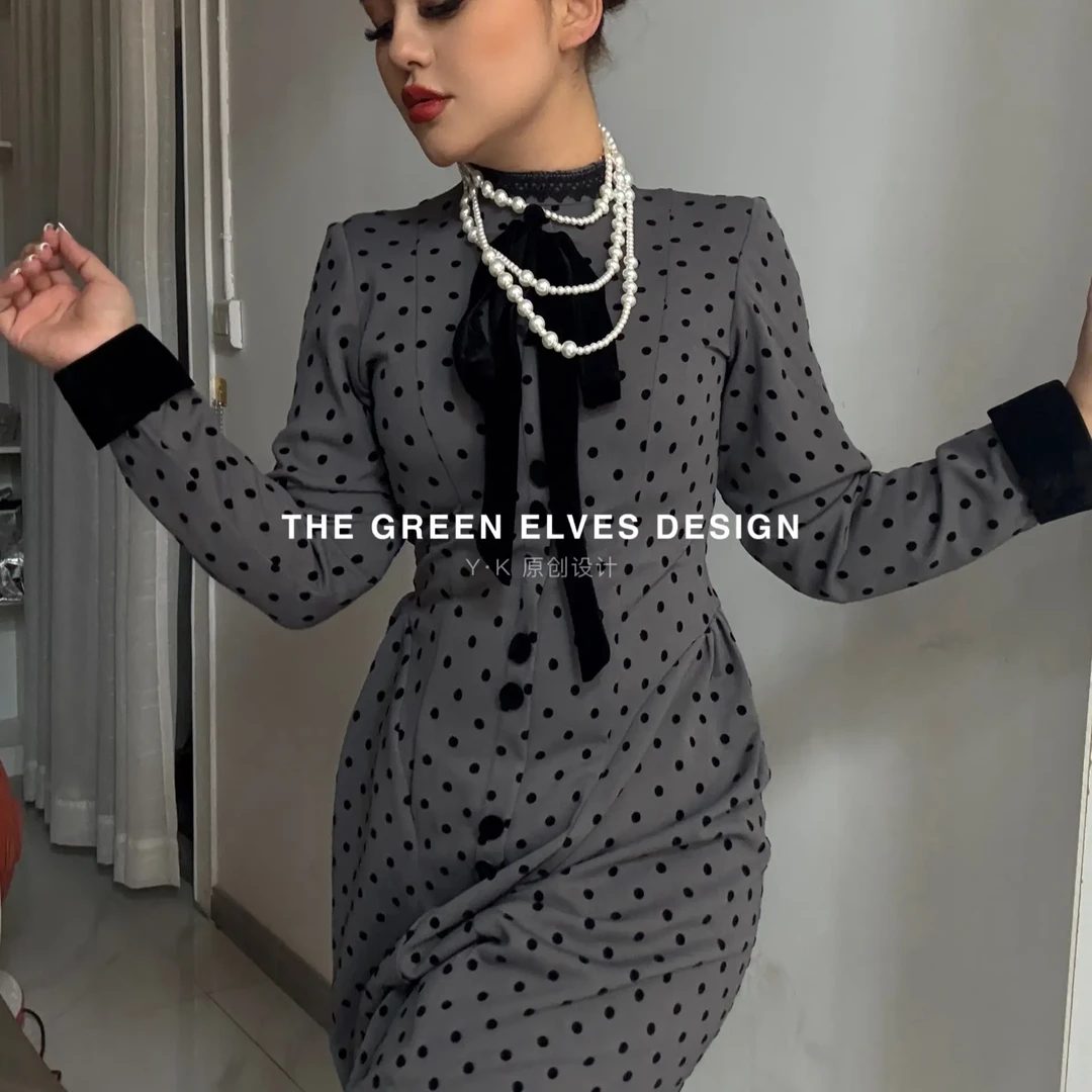 高端私人定制秋冬复古风波点连衣裙