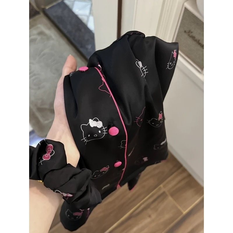 【纯欲Kitty】暗黑缎面冰丝睡衣女春秋新款网红气质印花家居服套装