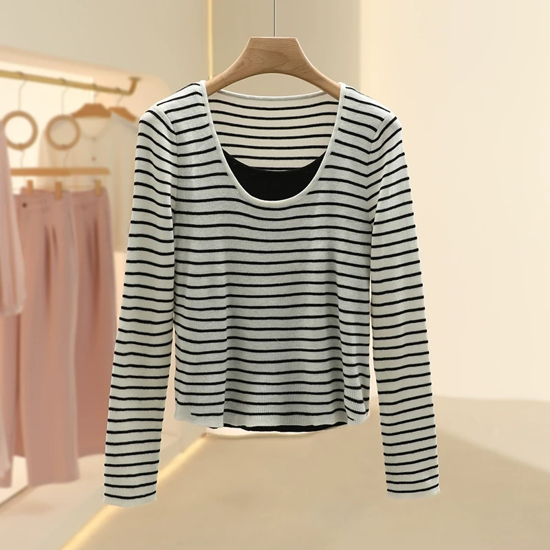 【Fy】有弹力假两件显瘦条纹上衣2025春季新款专柜撤柜品牌女装