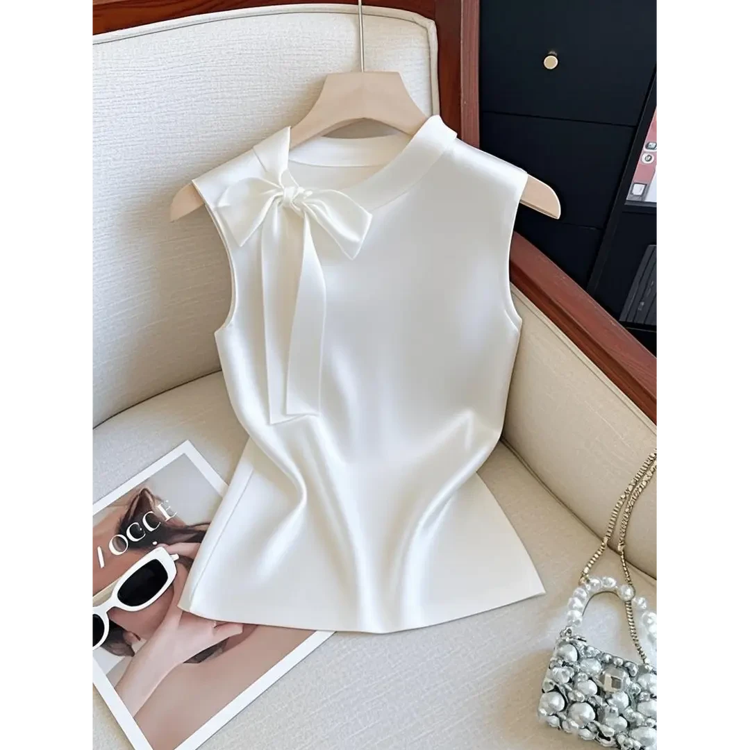 2025夏季新款法式chic精致时尚气质设计感蝴蝶结无袖上衣T恤女装