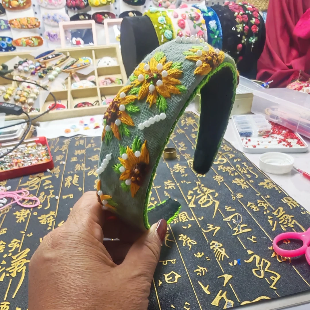 手工刺绣发箍高颅顶宽边头箍气质时尚百搭复古法式发饰直播间选款