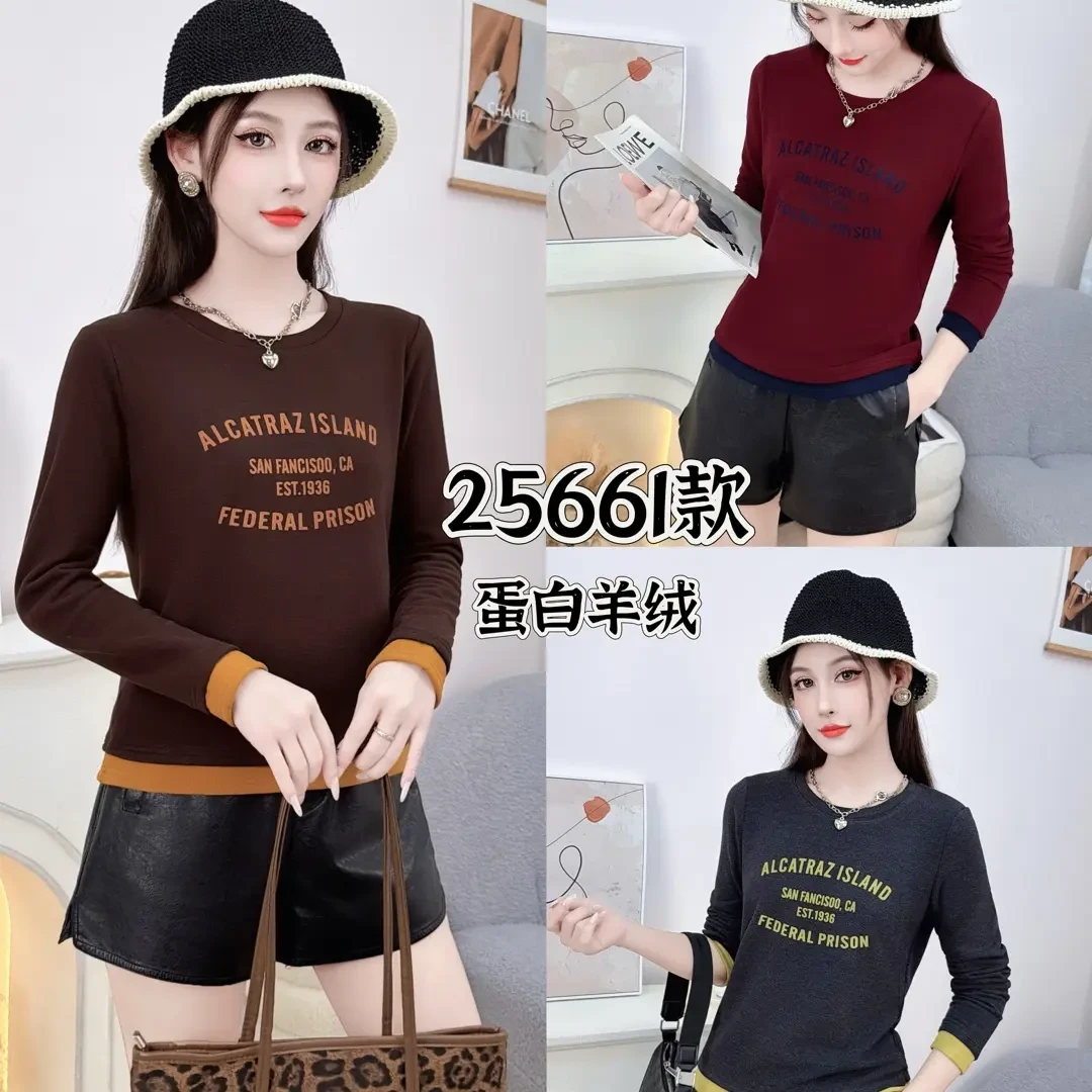 25661秋冬时尚撞色字母印花弹力女士蛋白羊绒长袖T恤上衣